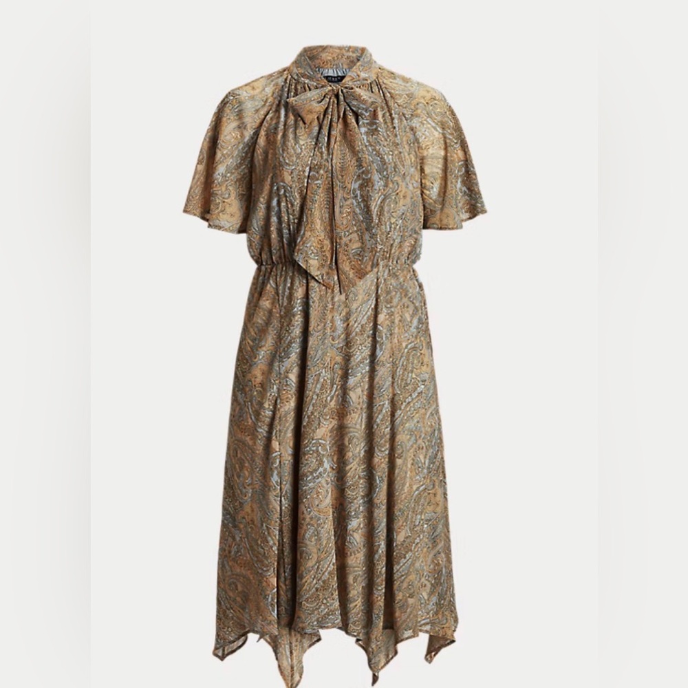 Lauren Ralph Lauren Paisley Crinkle Georgette Tie-Neck Dress Size 16